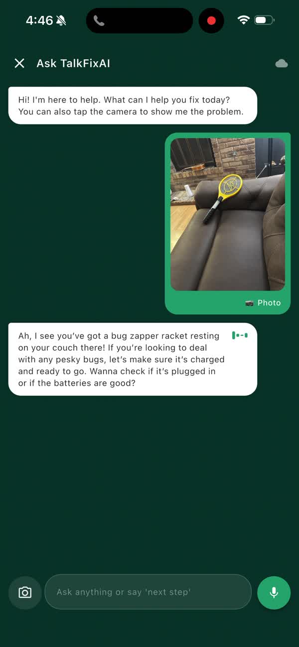 TalkFixAI diagnosing a photographed equipment problem